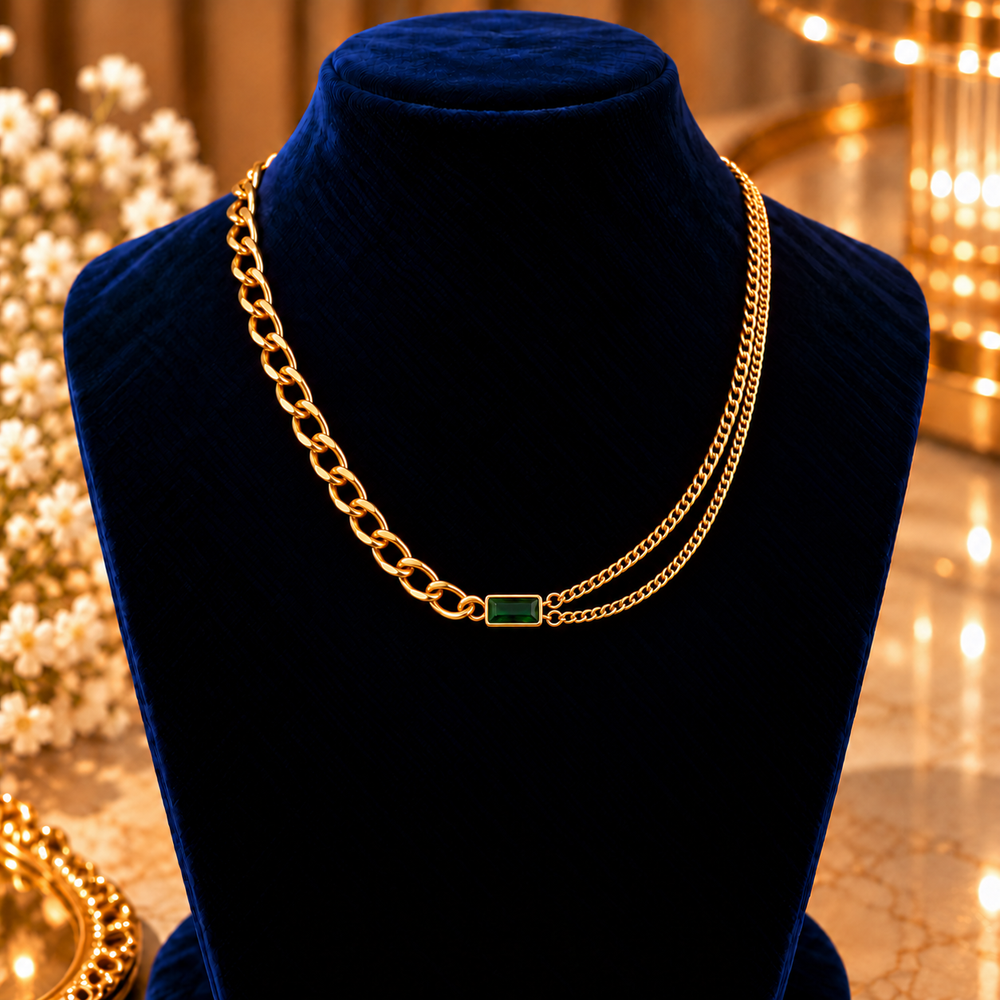 Gold-Tone Green Rectangle Chain Necklace