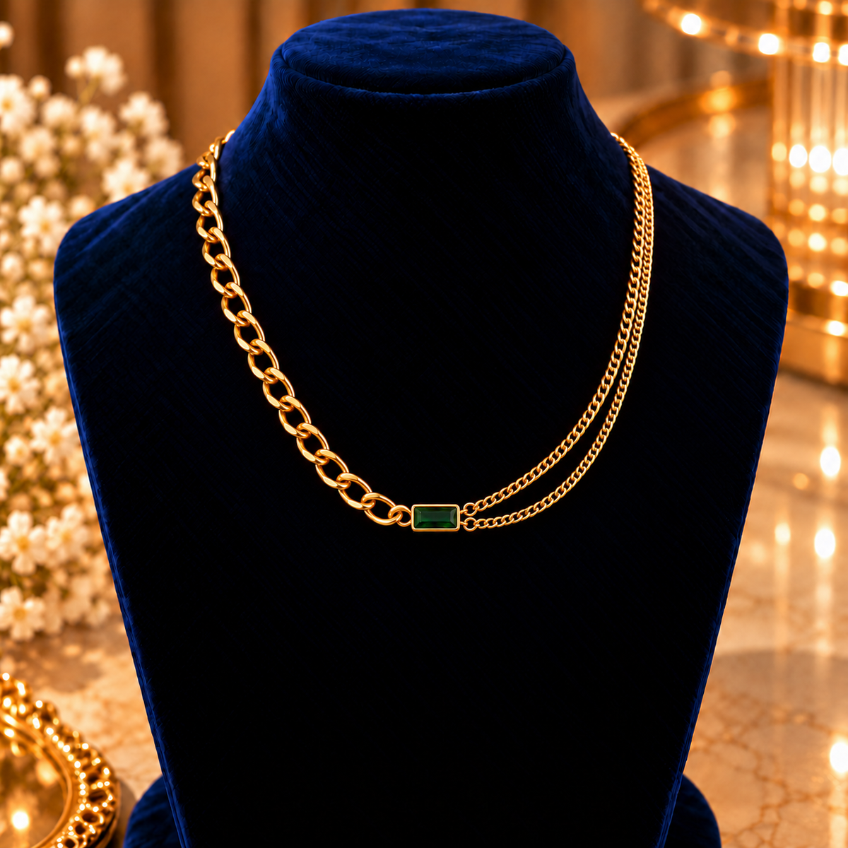 Gold-Tone Green Rectangle Chain Necklace