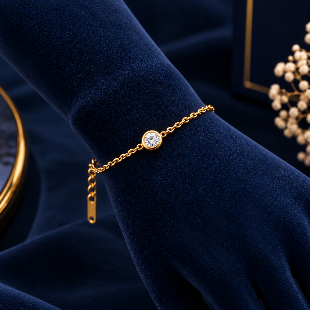 Gold-Tone Round Crystal Bracelet on navy velvet display