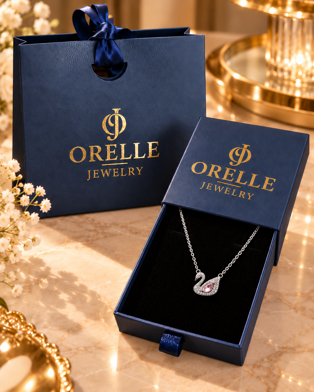 Silver-Tone Pink Swan Necklace in Orelle packaging