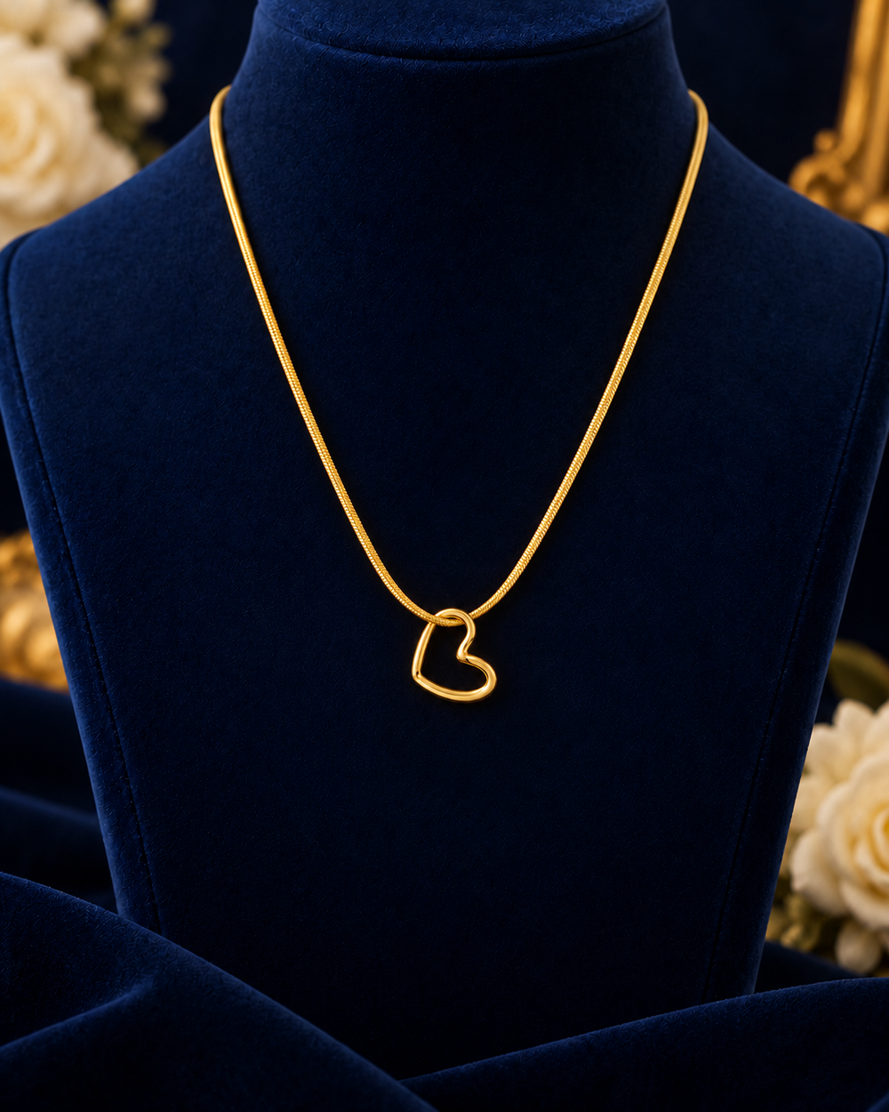 Amora Heart Necklace on navy velvet display