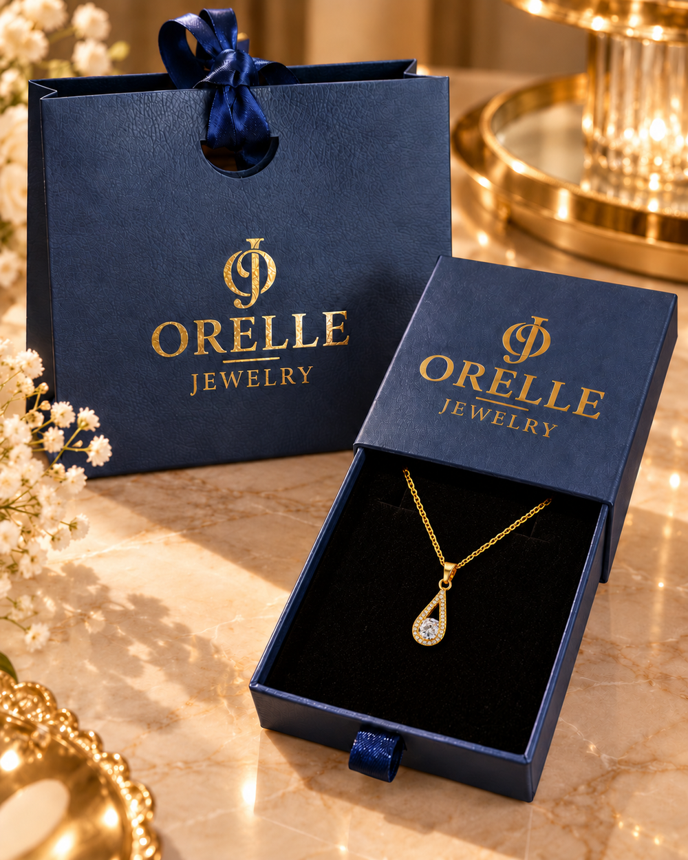 Gold-Tone Teardrop Crystal Necklace in Orelle packaging