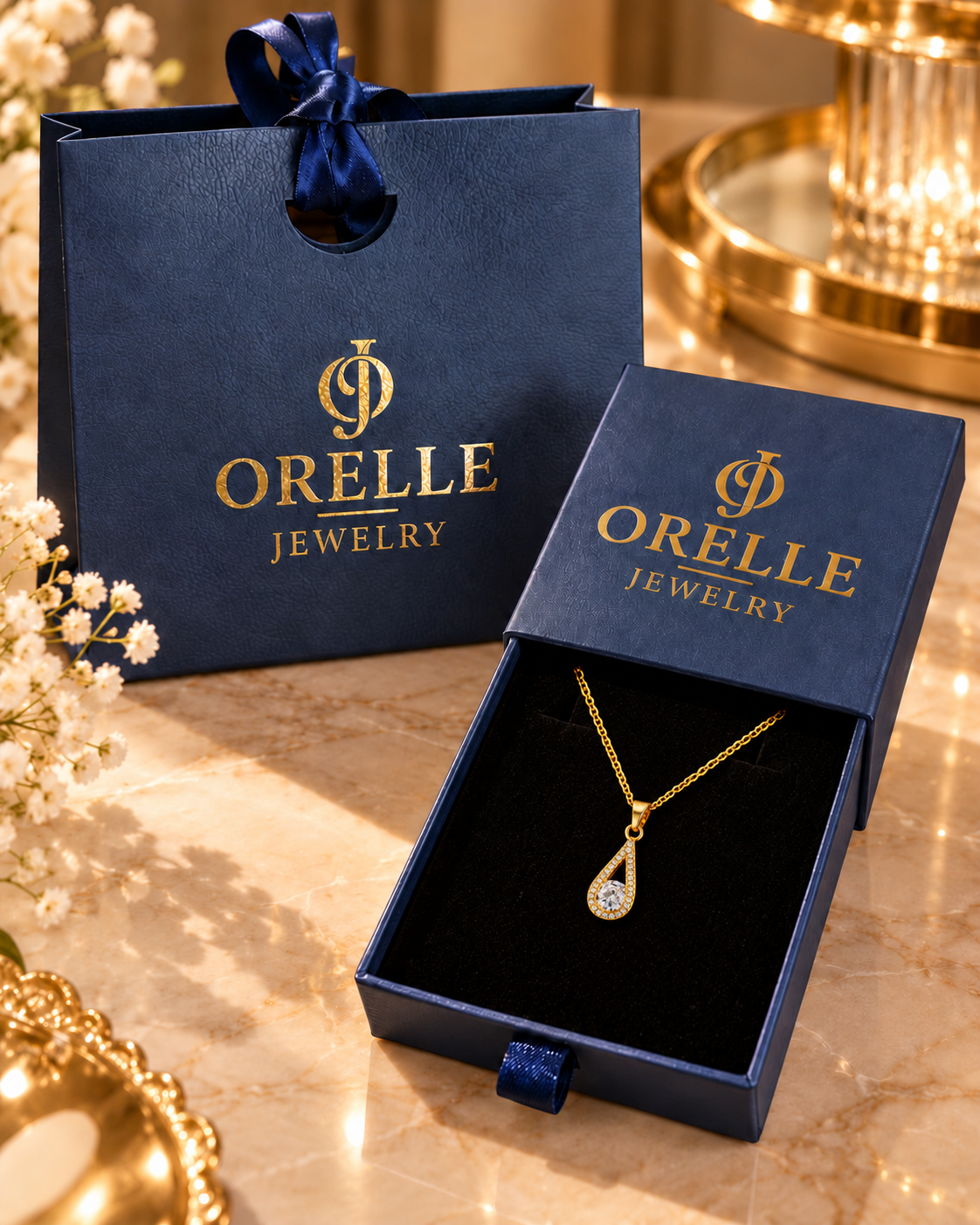 Gold-Tone Teardrop Crystal Necklace in Orelle packaging