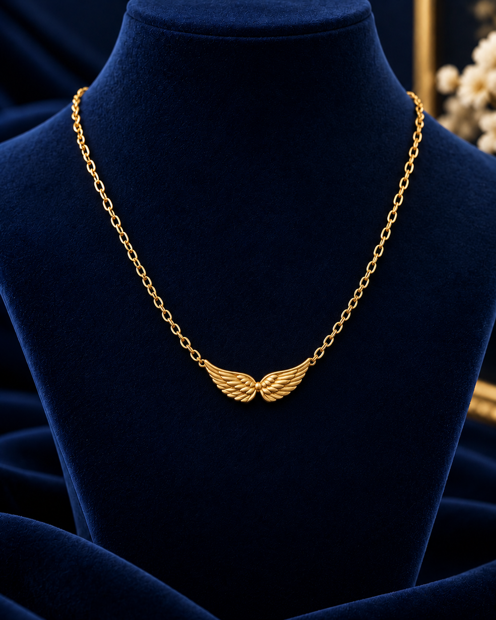 Gold-Tone Wings Necklace on navy velvet display