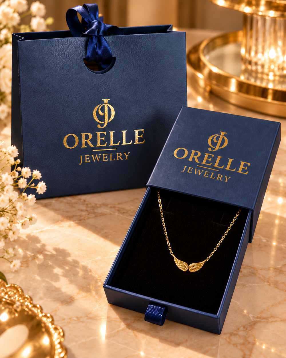 Gold-Tone Wings Necklace in Orelle packaging