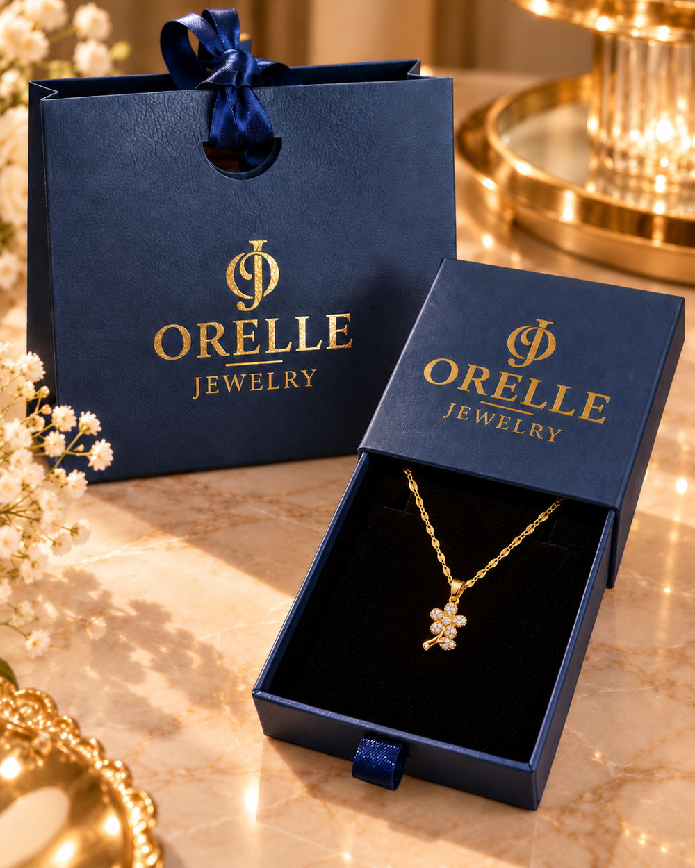 Gold-Tone Crystal Blossom Necklace in Orelle packaging
