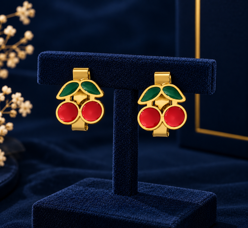 Gold-Tone Cherry Stud Earrings on navy velvet display