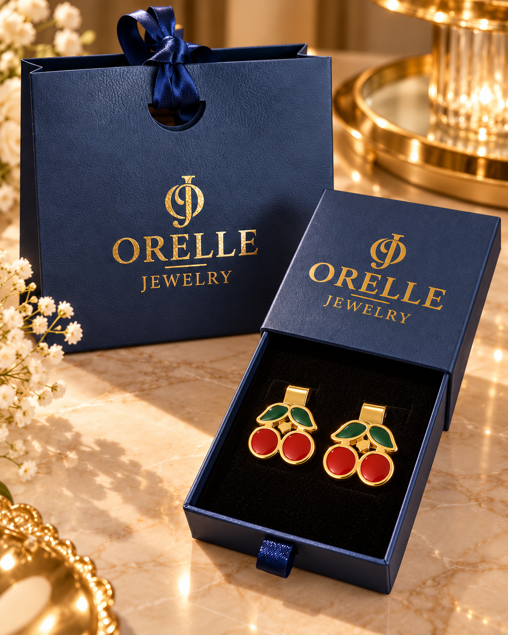 Gold-Tone Cherry Stud Earrings in Orelle packaging