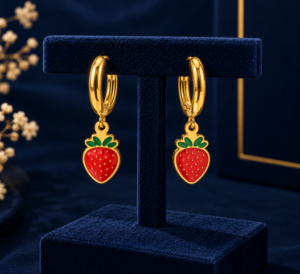 Gold-Tone Strawberry Charm Hoop Earrings on navy velvet display