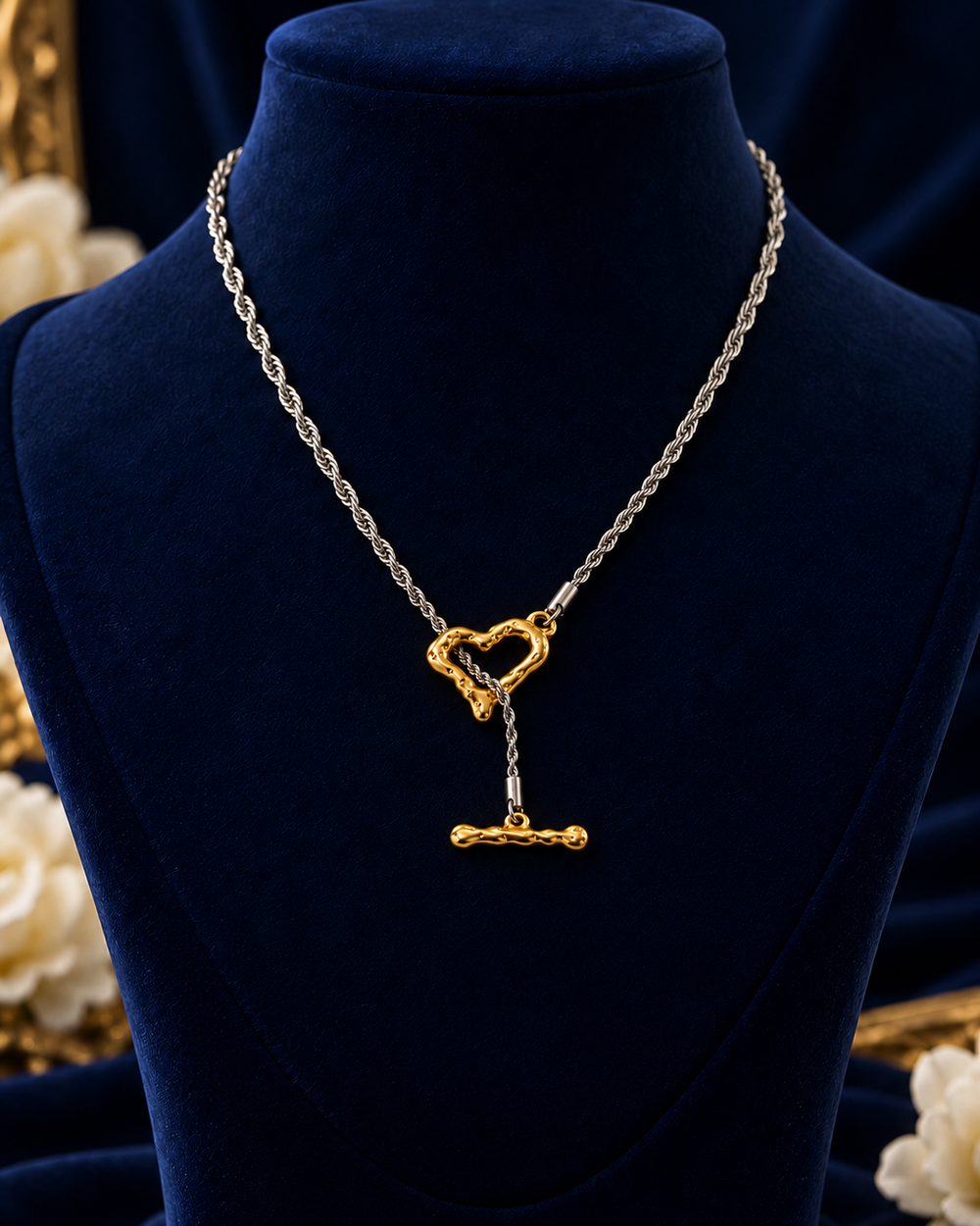 Two-Tone Heart Toggle Necklace on navy velvet display