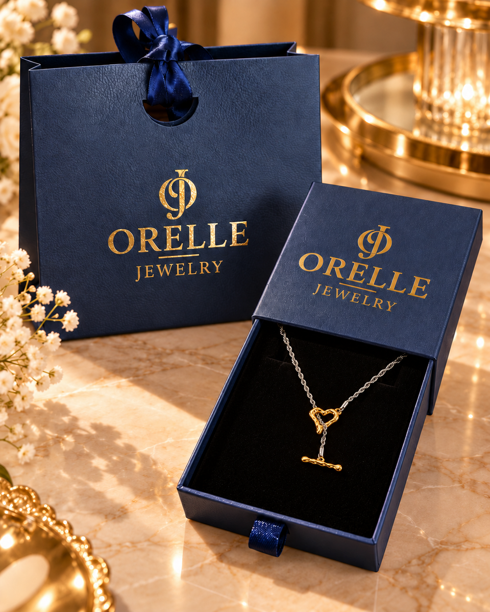 Two-Tone Heart Toggle Necklace in Orelle packaging