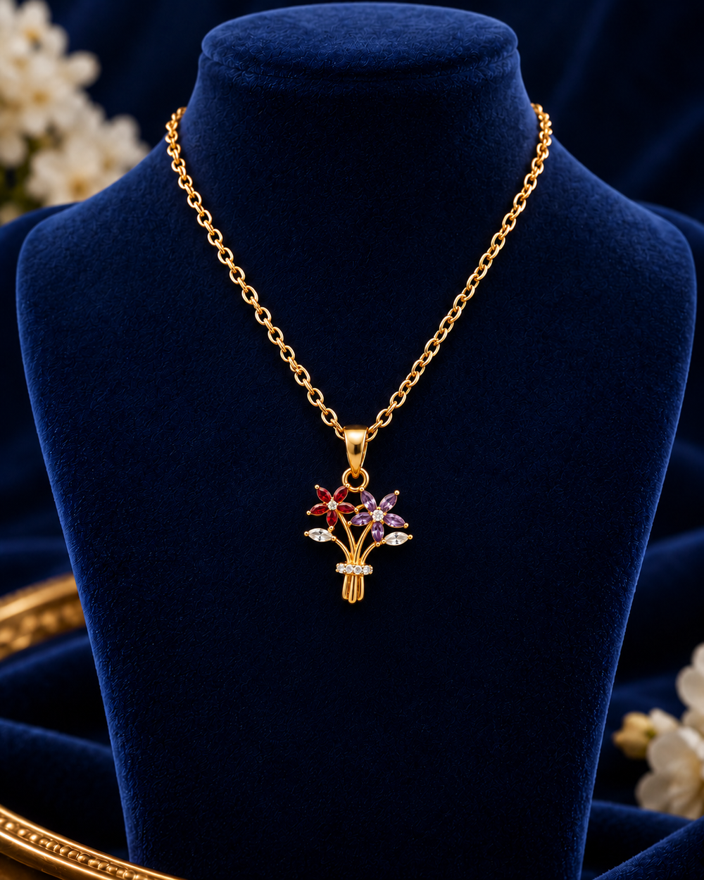 Gold-Tone Crystal Bouquet Necklace on navy velvet display