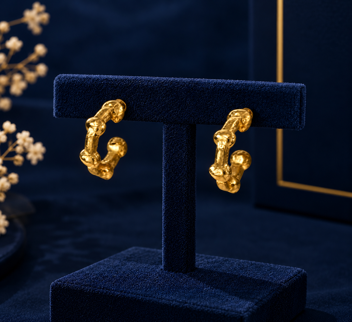 Gold-Tone Mini Geometric Huggie Earrings on navy velvet display