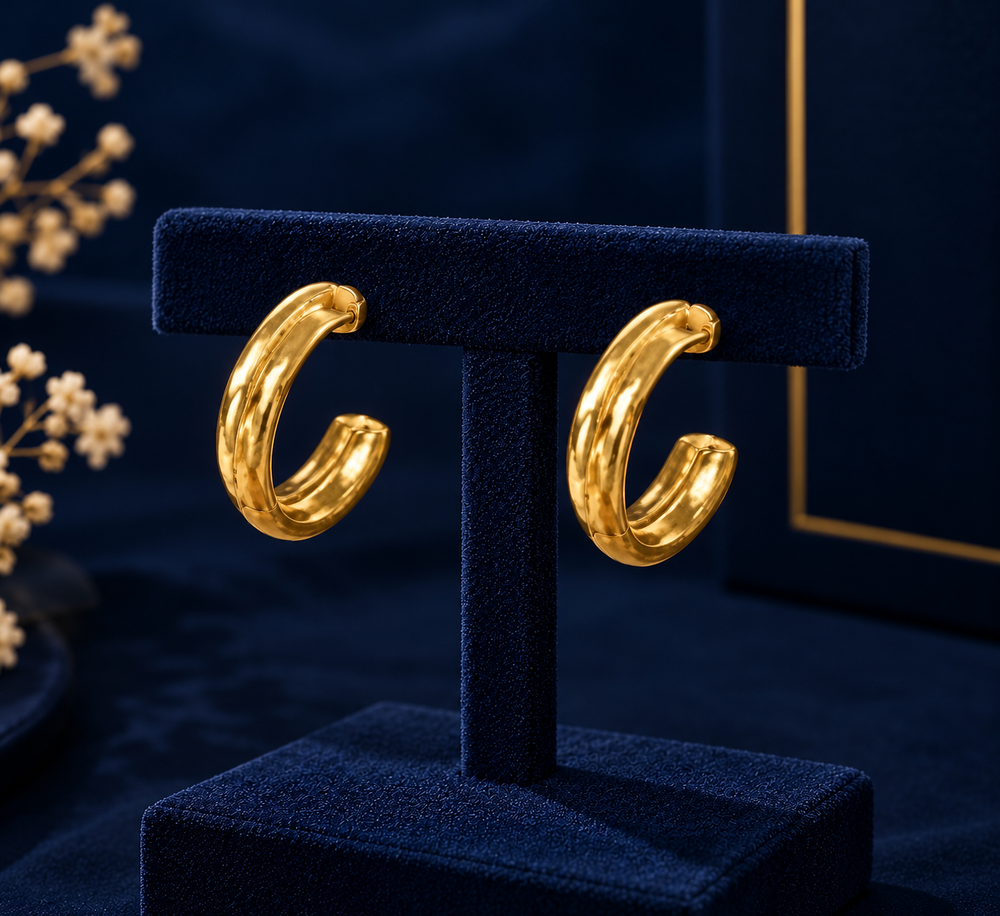 Gold-Tone Rounded Tube Huggie Earrings on navy velvet display