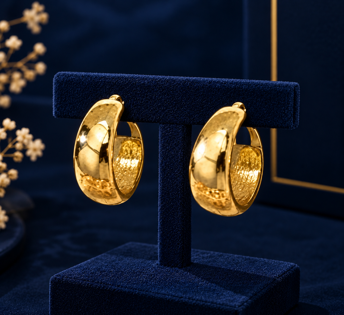 Gold-Tone Wide Dome Hoop Earrings on navy velvet display