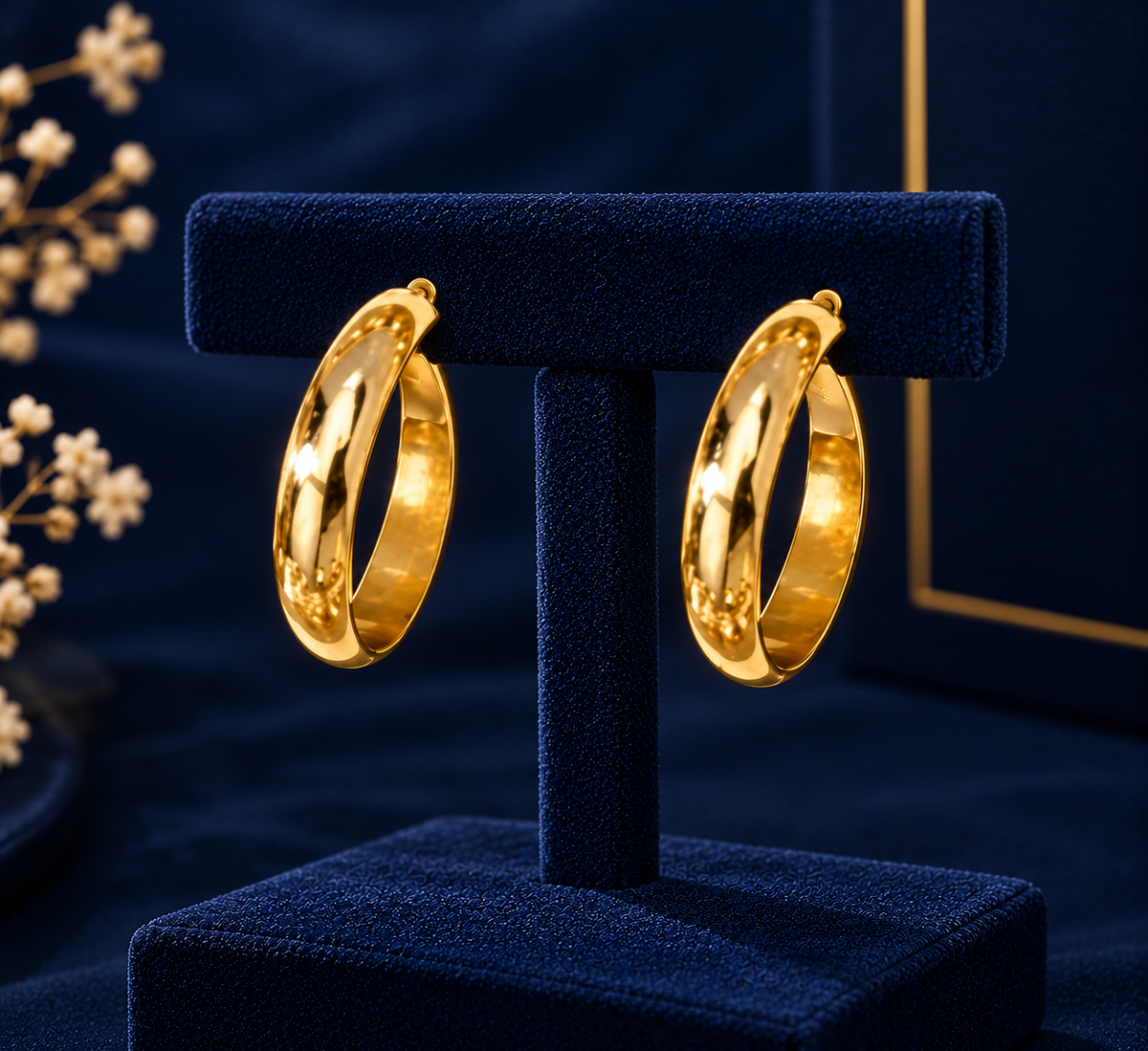 Gold-Tone Medium Open Hoop Earrings on navy velvet display