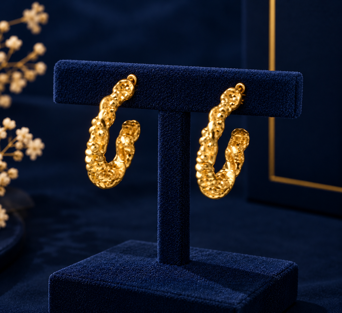Gold-Tone Beaded Texture Hoop Earrings on navy velvet display