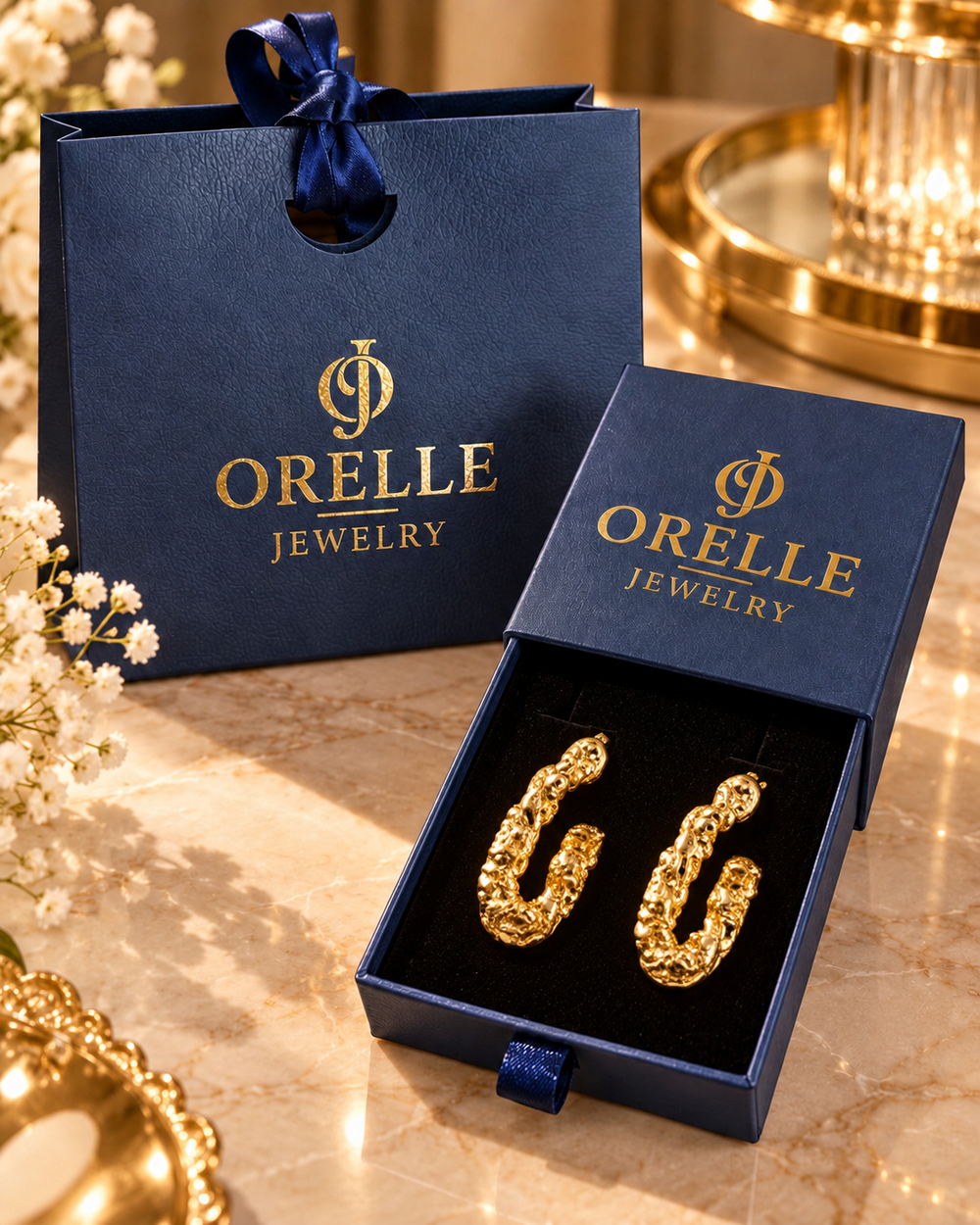 Gold-Tone Beaded Texture Hoop Earrings in Orelle packaging