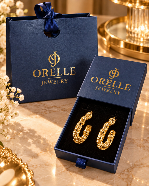 Gold-Tone Beaded Texture Hoop Earrings in Orelle packaging