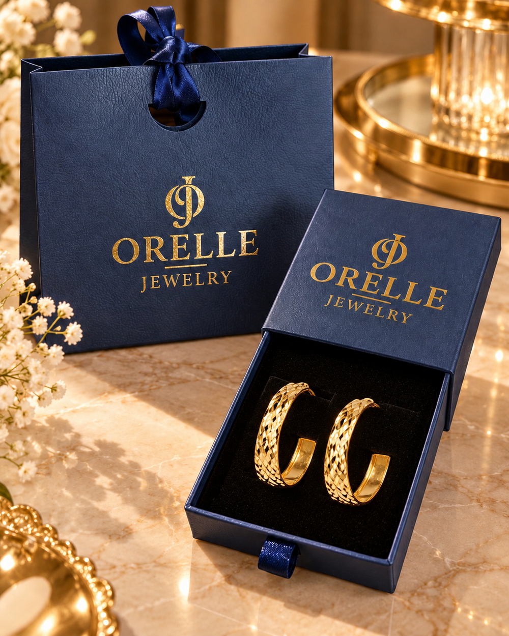 Gold-Tone Woven Texture Hoop Earrings in Orelle packaging