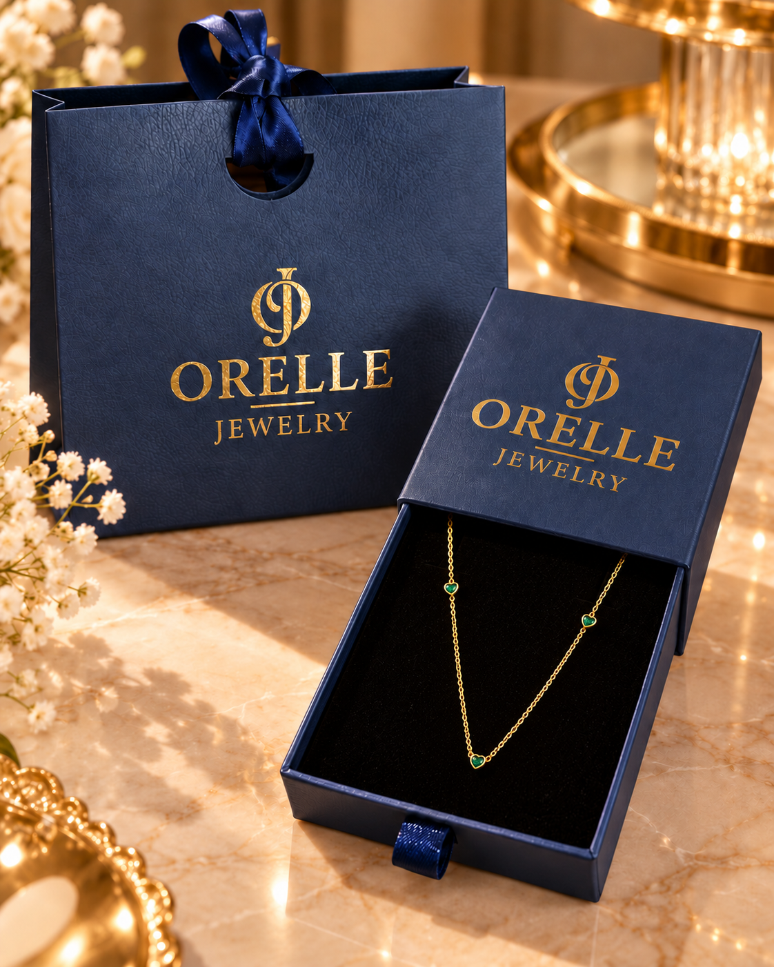 Gold-Tone Green Crystal Necklace in Orelle packaging