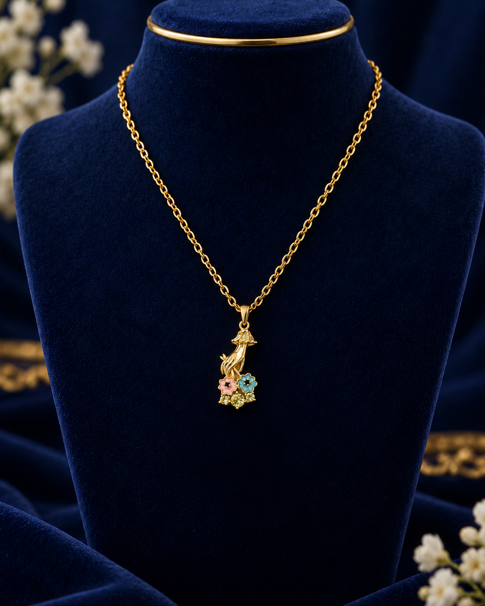 Gold-Tone Blue & Purple Floral Girl Necklace on navy velvet display