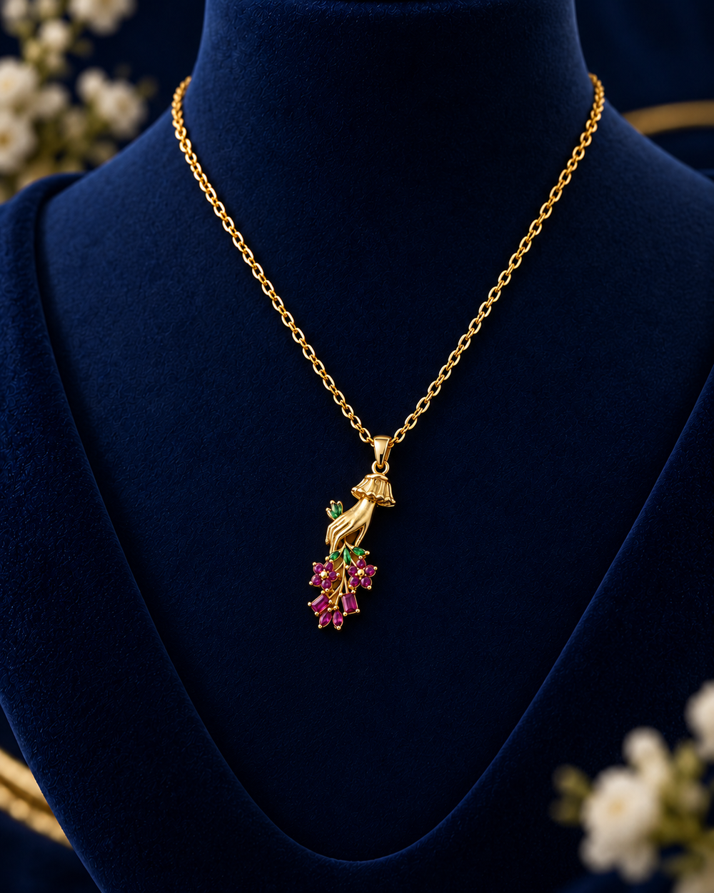Gold-Tone Grape Girl Necklace on navy velvet display