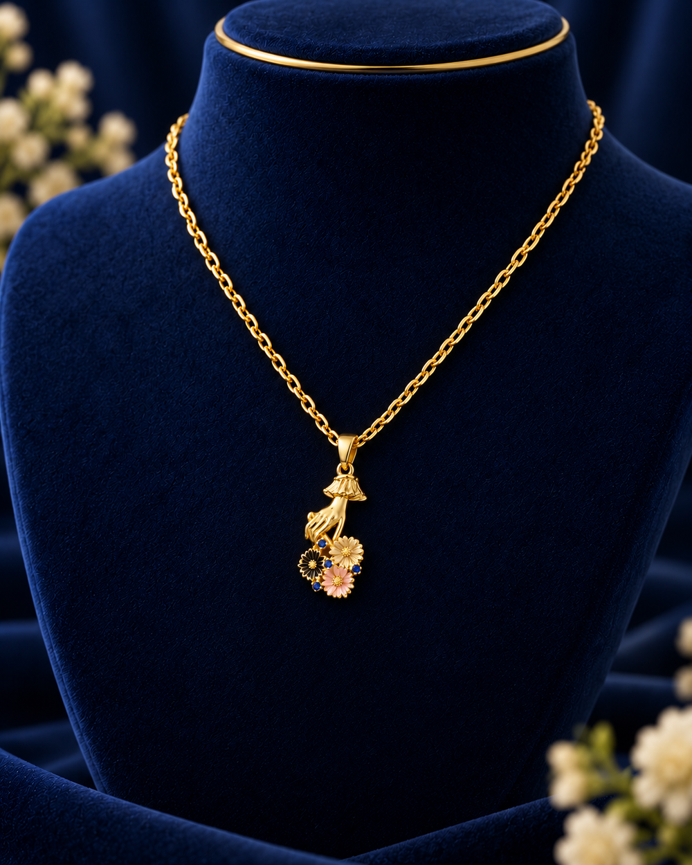 Gold-Tone Pink & Black Floral Girl Necklace on navy velvet display