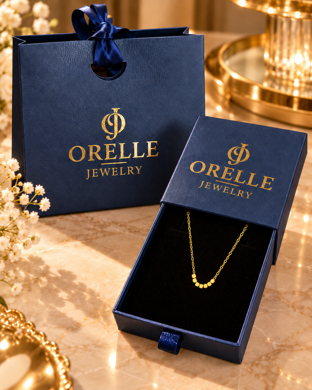 Gold-Tone Cube Bead Necklace in Orelle packaging