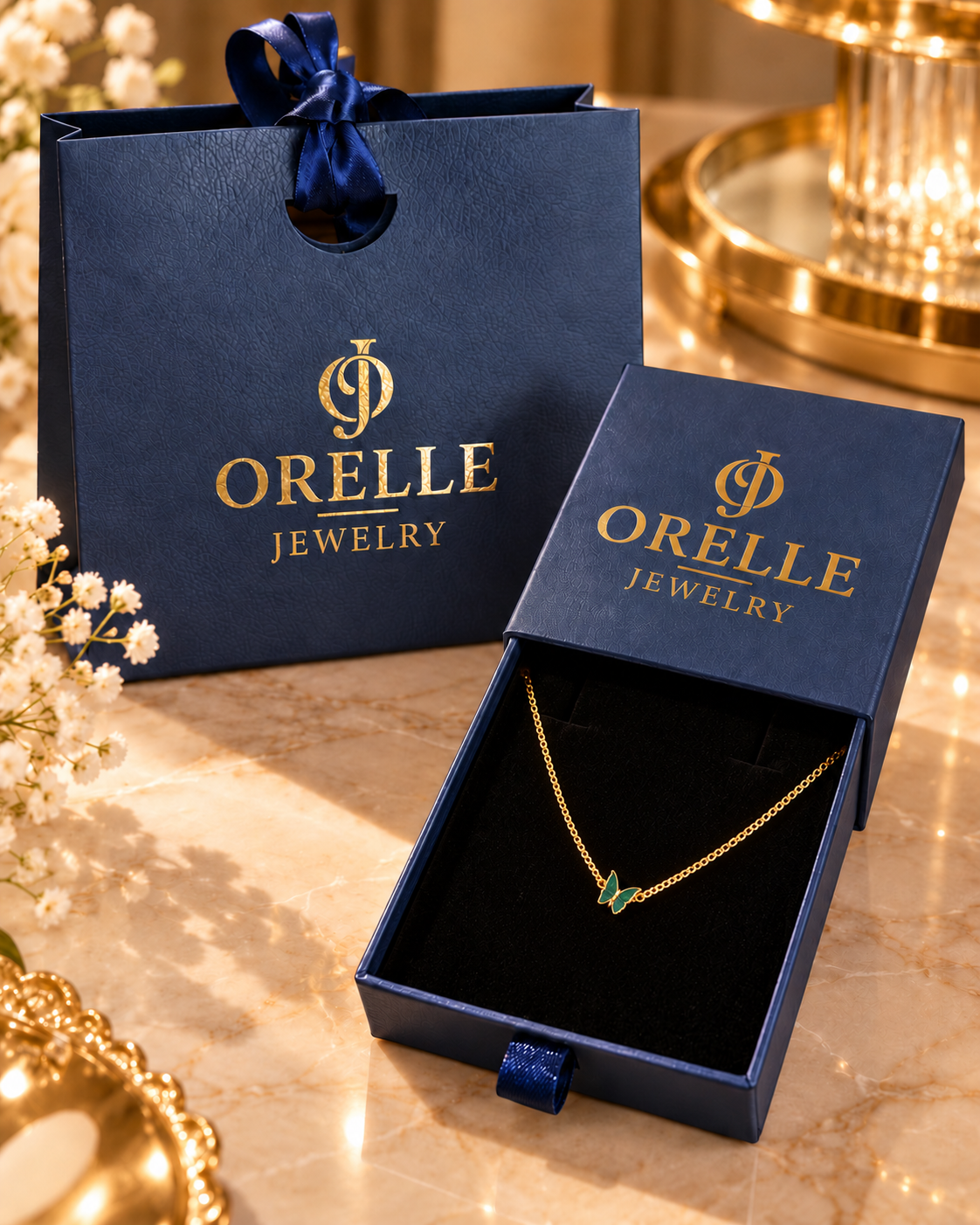 Gold-Tone Green Butterfly Necklace in Orelle packaging