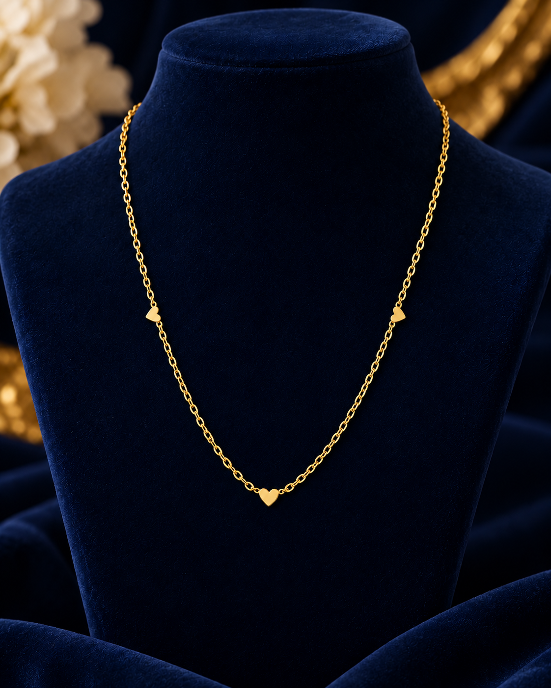 Gold-Tone Mini Heart Charm Necklace on navy velvet display