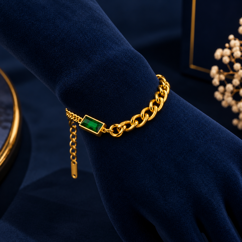 Gold-Tone Green Rectangle Chain Bracelet on navy velvet display