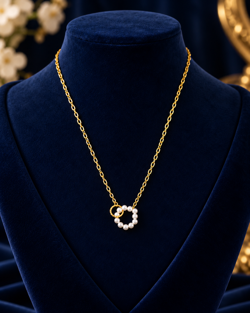 Gold-Tone Pearl Double Ring Necklace on navy velvet display
