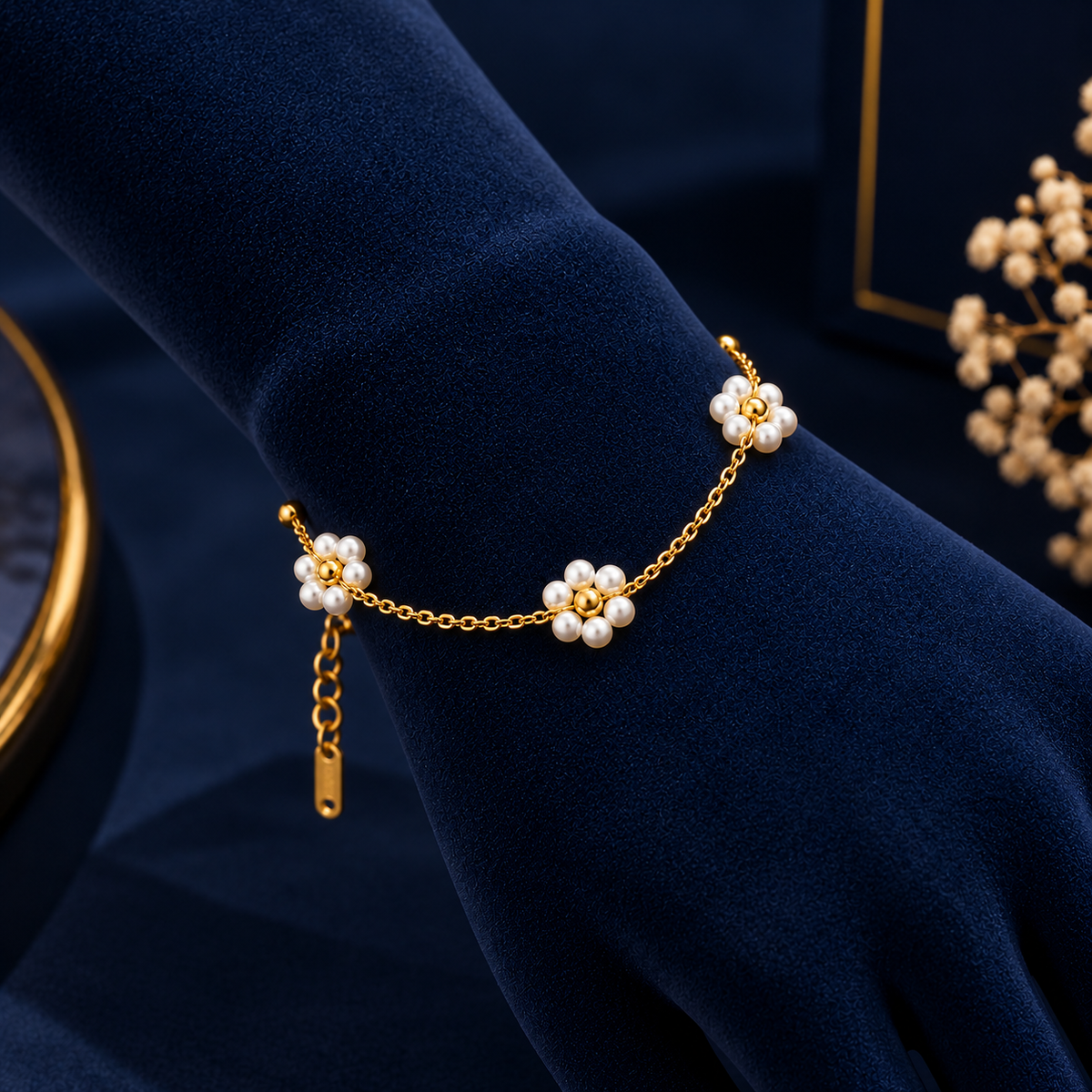 Gold-Tone Pearl Flower Bracelet on navy velvet display