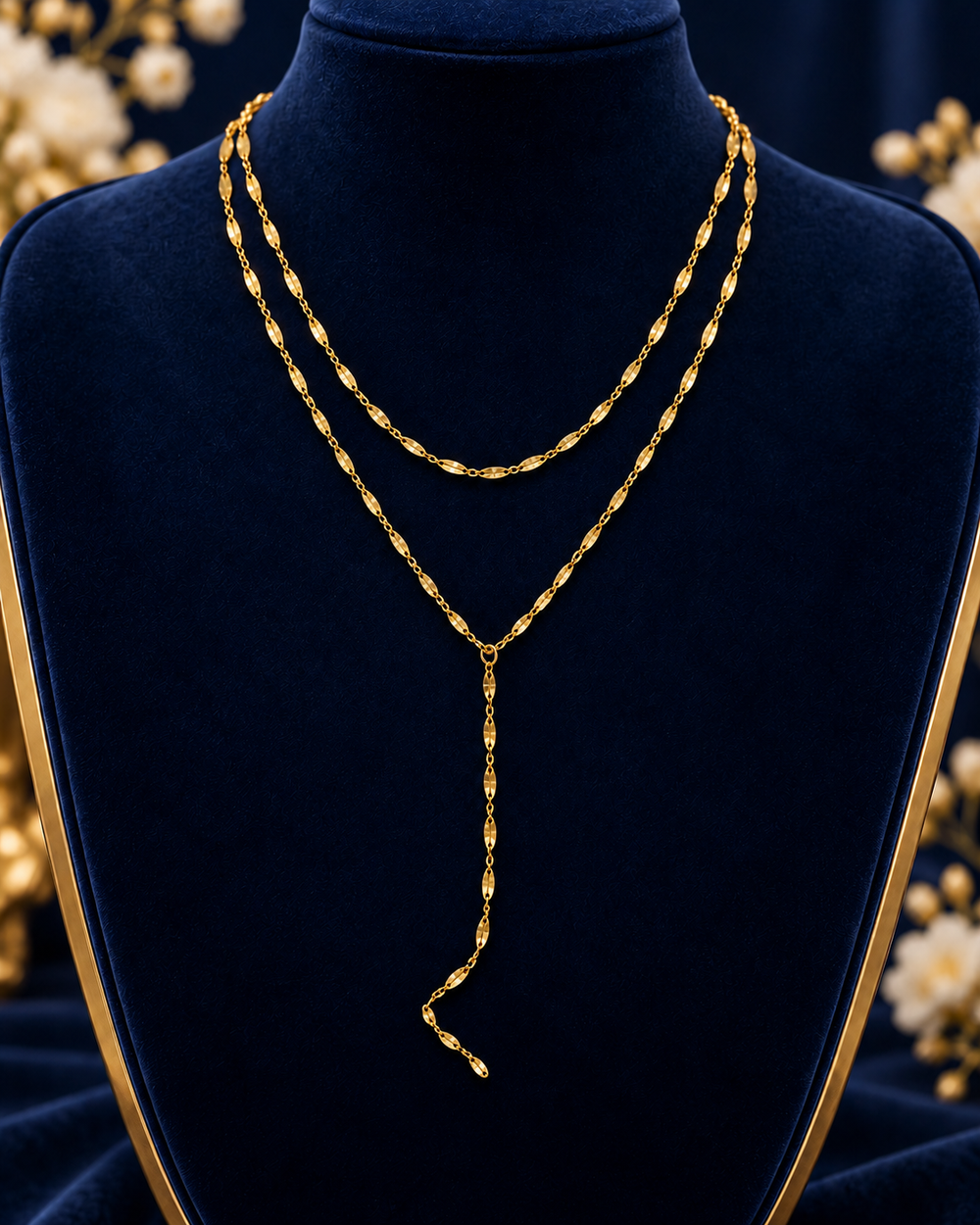 Gold-Tone Layered Y Necklace on navy velvet display