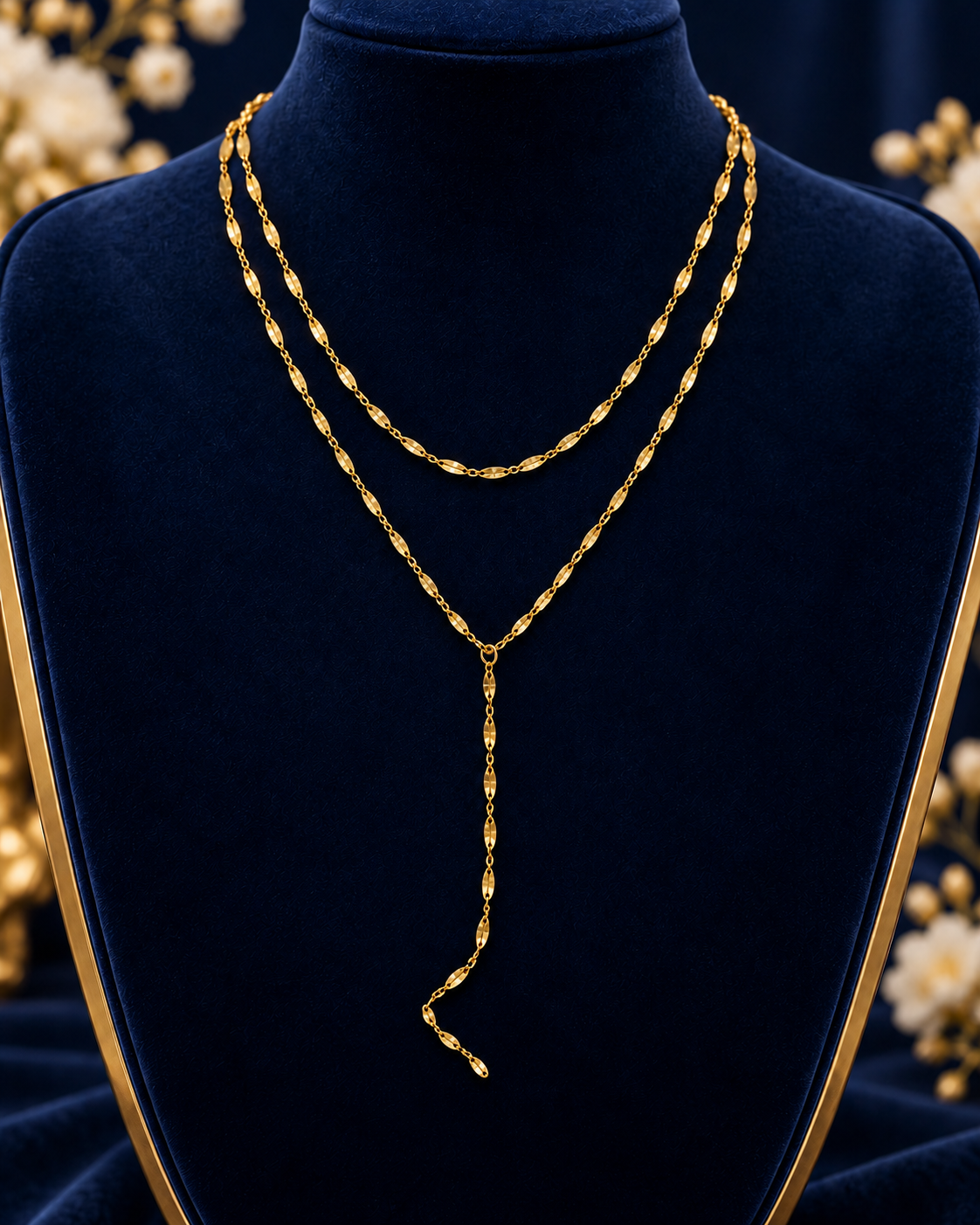 Gold-Tone Layered Y Necklace on navy velvet display