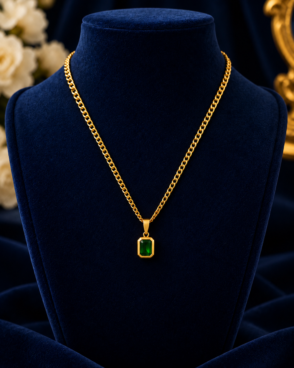 Gold-Tone Green Rectangle Pendant Necklace on navy velvet display