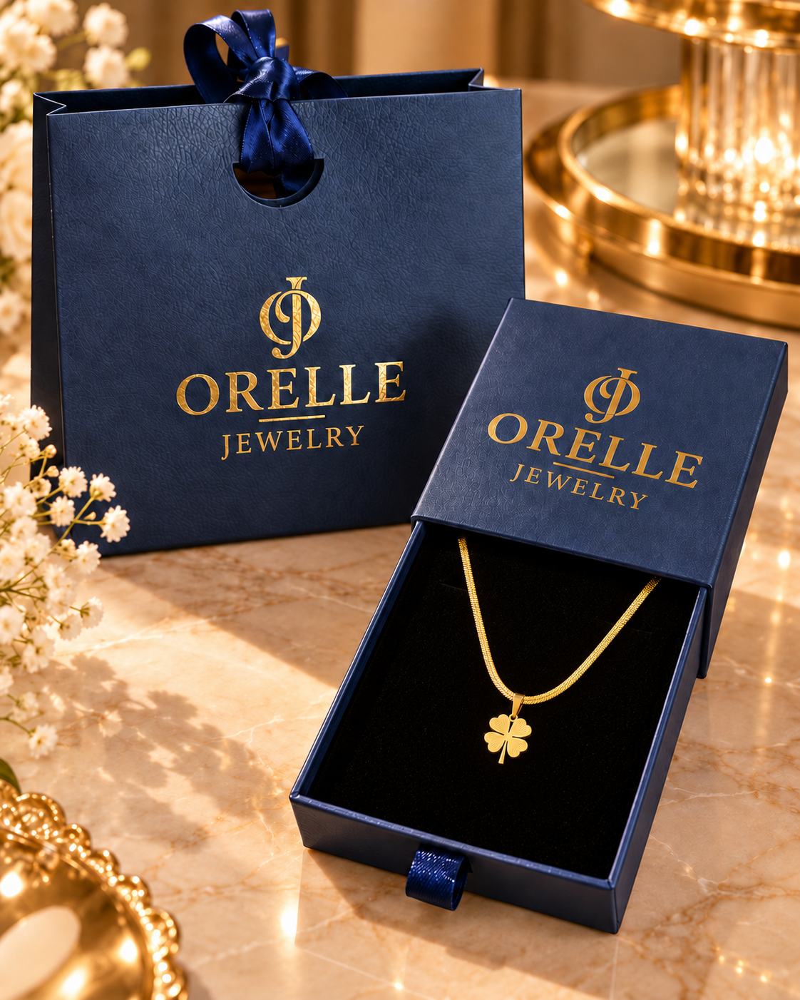 Gold-Tone Four-Leaf Clover Necklace in Orelle packaging