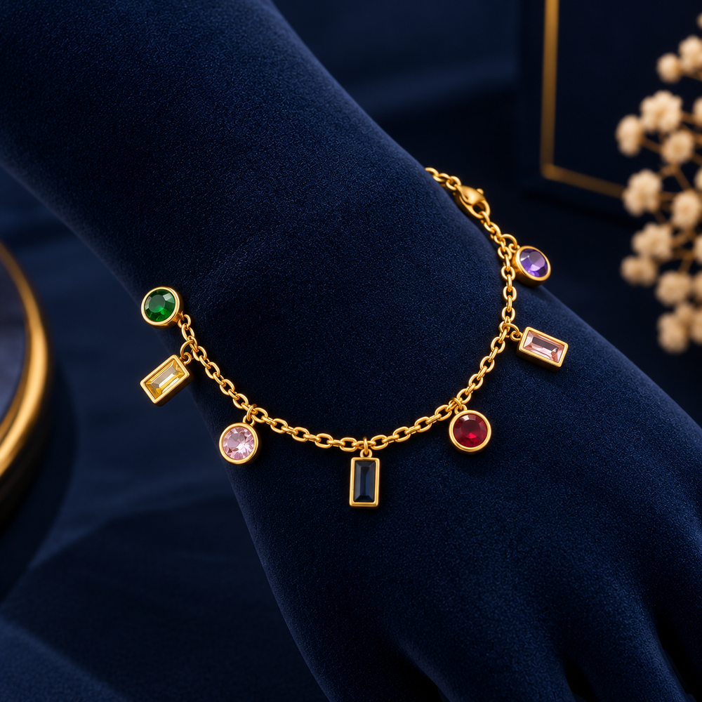 Gold-Tone Multicolor Geometric Crystal Bracelet on navy velvet display