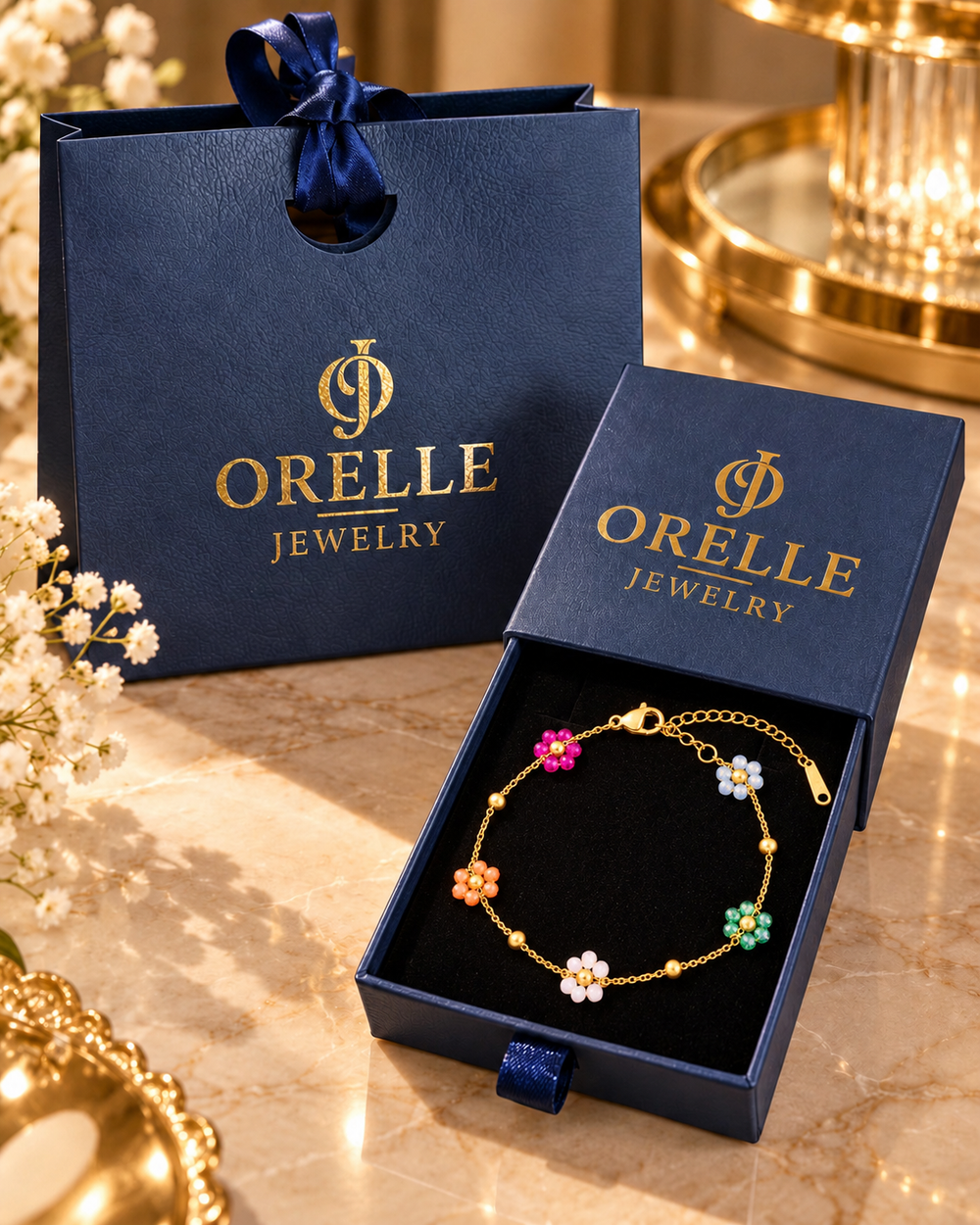 Gold-Tone Multicolor Flower Bracelet in Orelle packaging