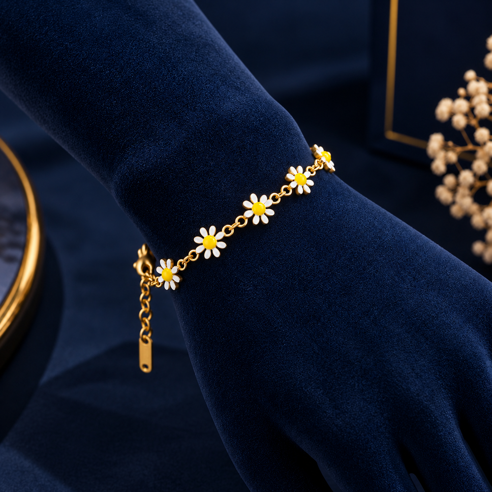 Gold-Tone Daisy Flower Bracelet on navy velvet display