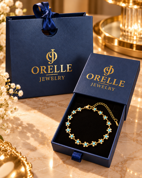 Gold-Tone Blue Floral Bracelet in Orelle packaging
