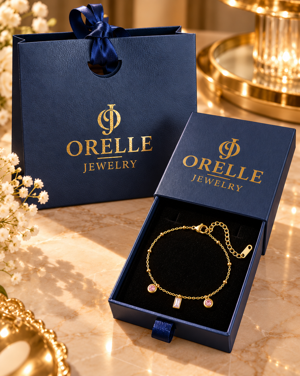 Gold-Tone Pink Geometric Crystal Bracelet in Orelle packaging