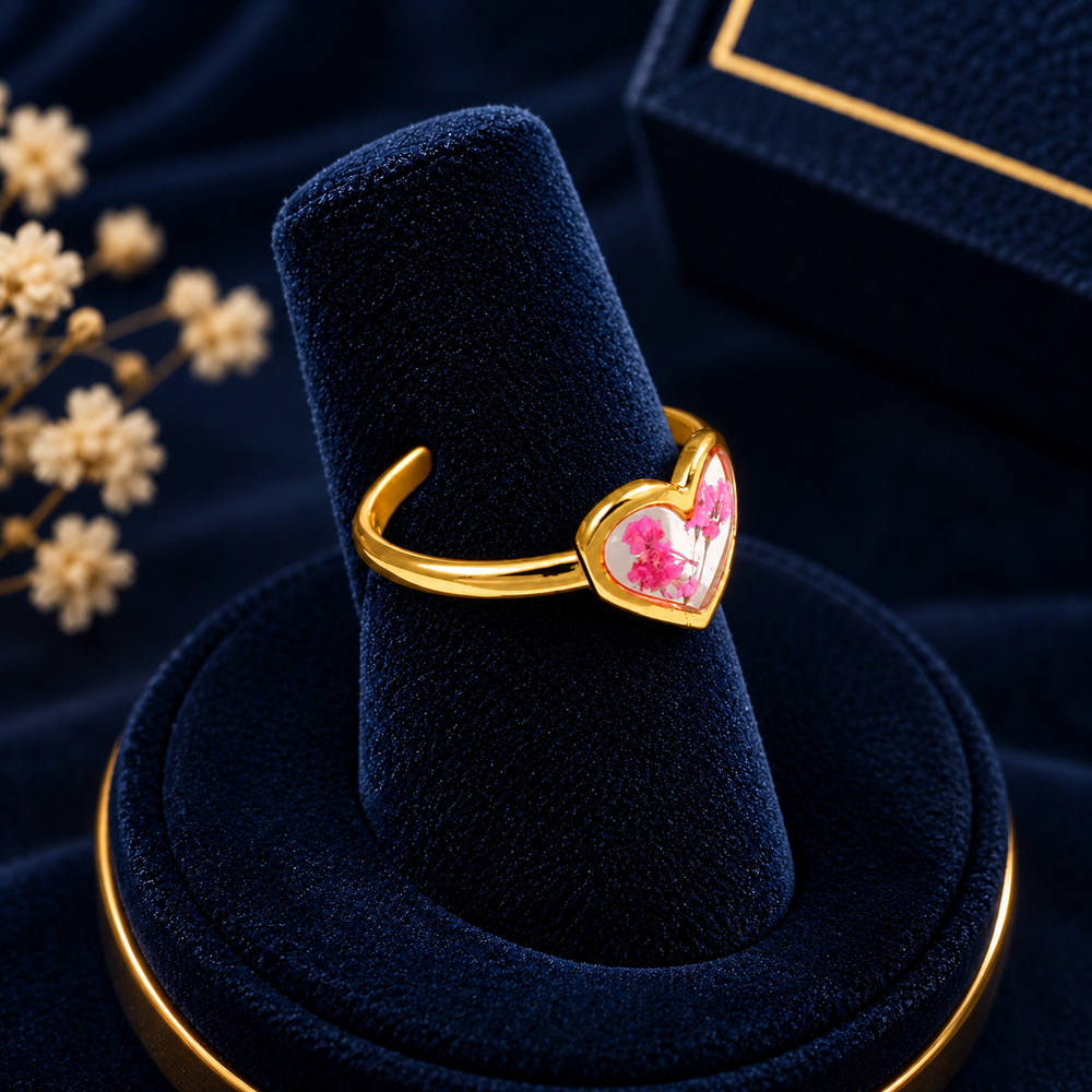 Gold-Tone Pink Floral Heart Ring on navy velvet display