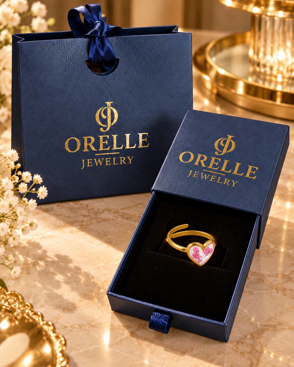 Gold-Tone Pink Floral Heart Ring in Orelle packaging