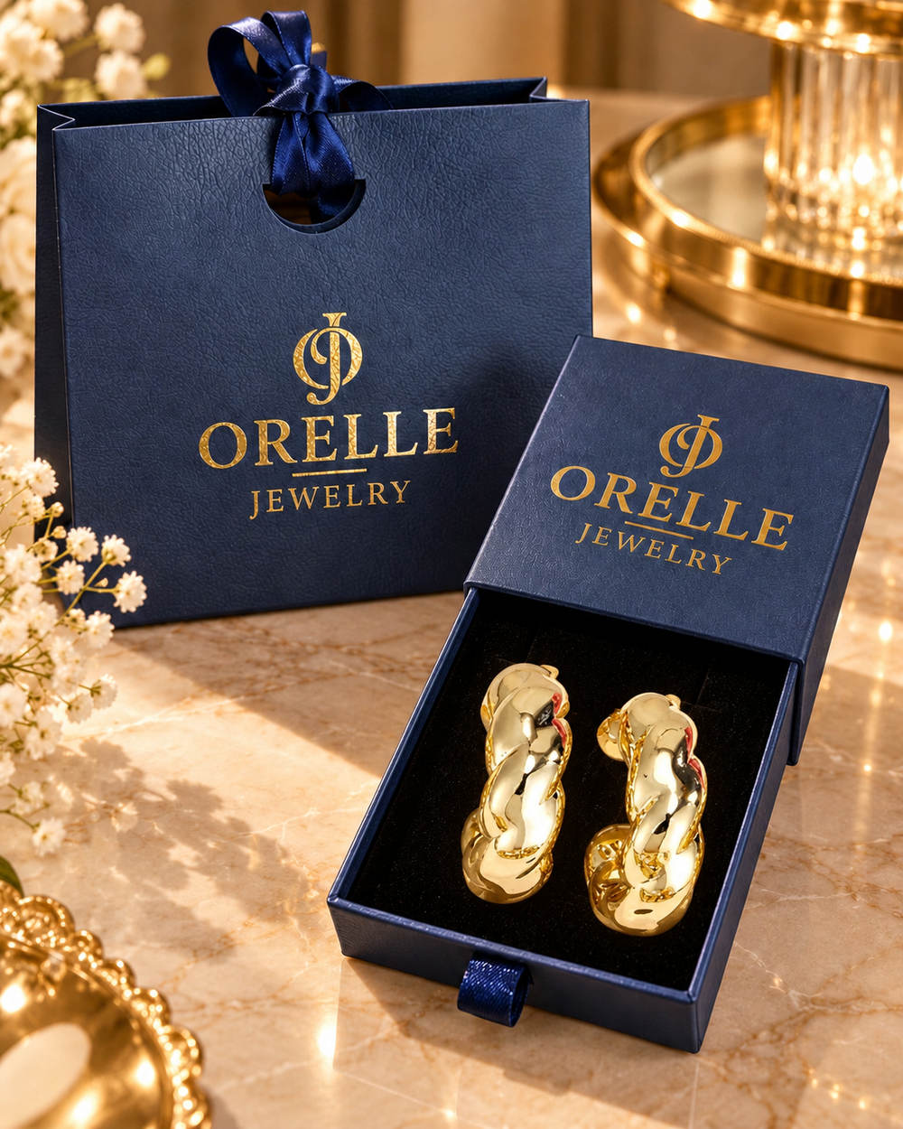 Gold-Tone Organic Twist Hoop Earrings in Orelle packaging