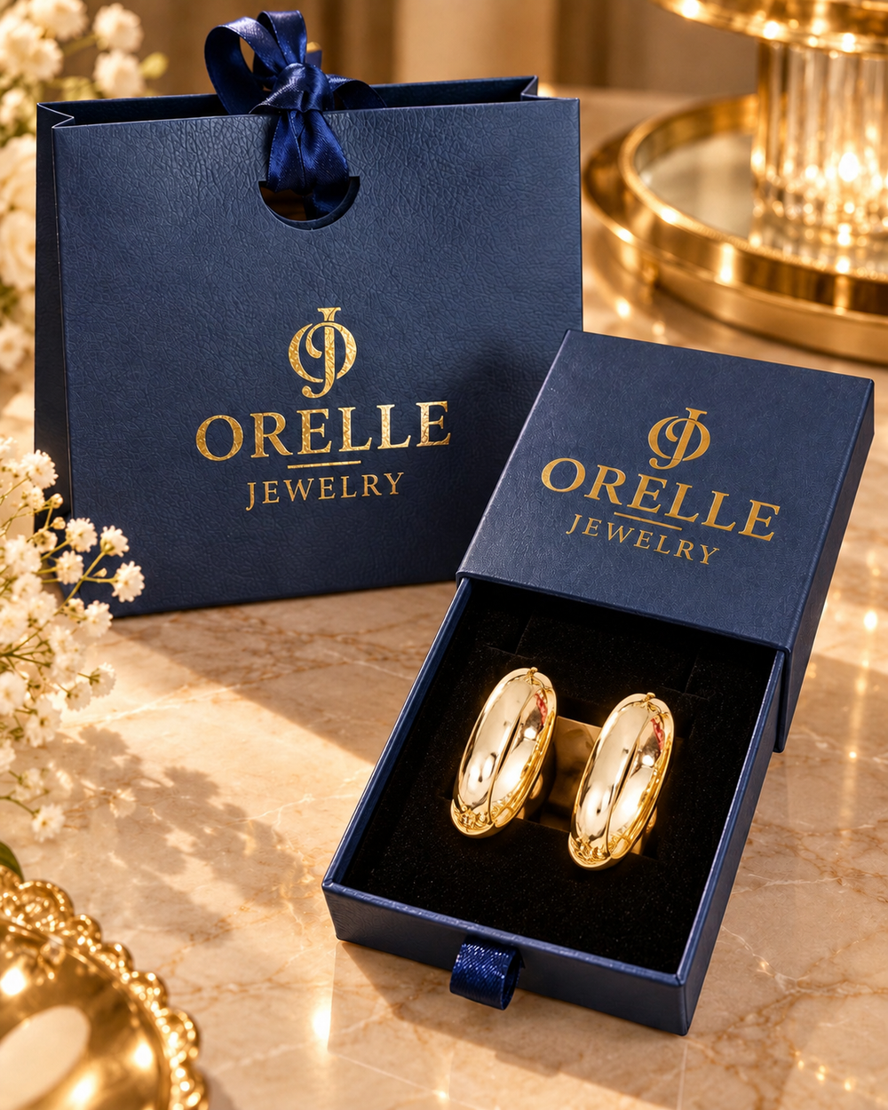 Gold-Tone Tapered Curve Hoop Earrings in Orelle packaging