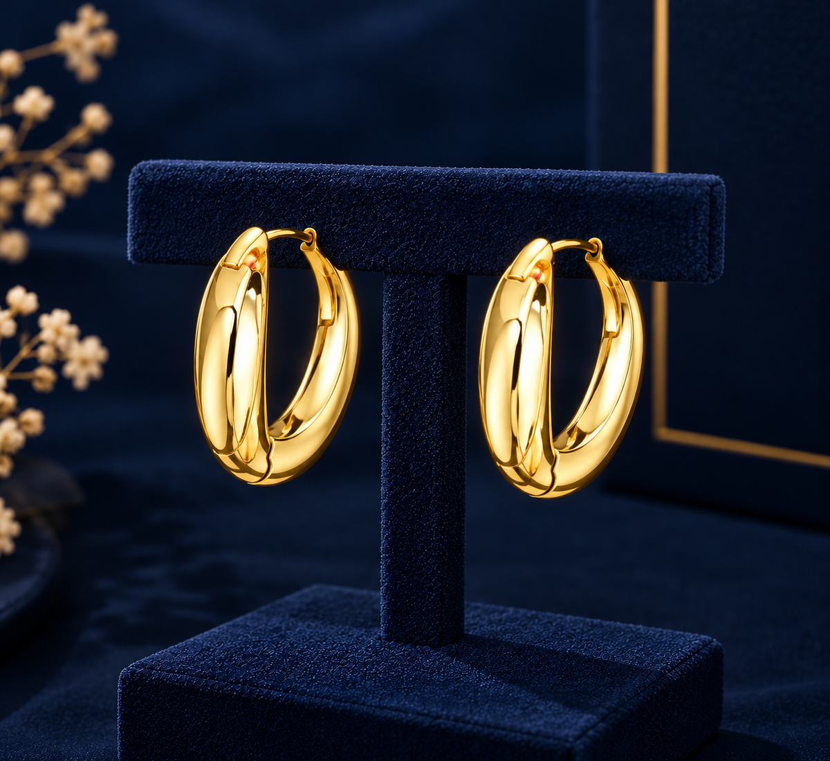 Gold-Tone Classic Oval Hoop Earrings on navy velvet display