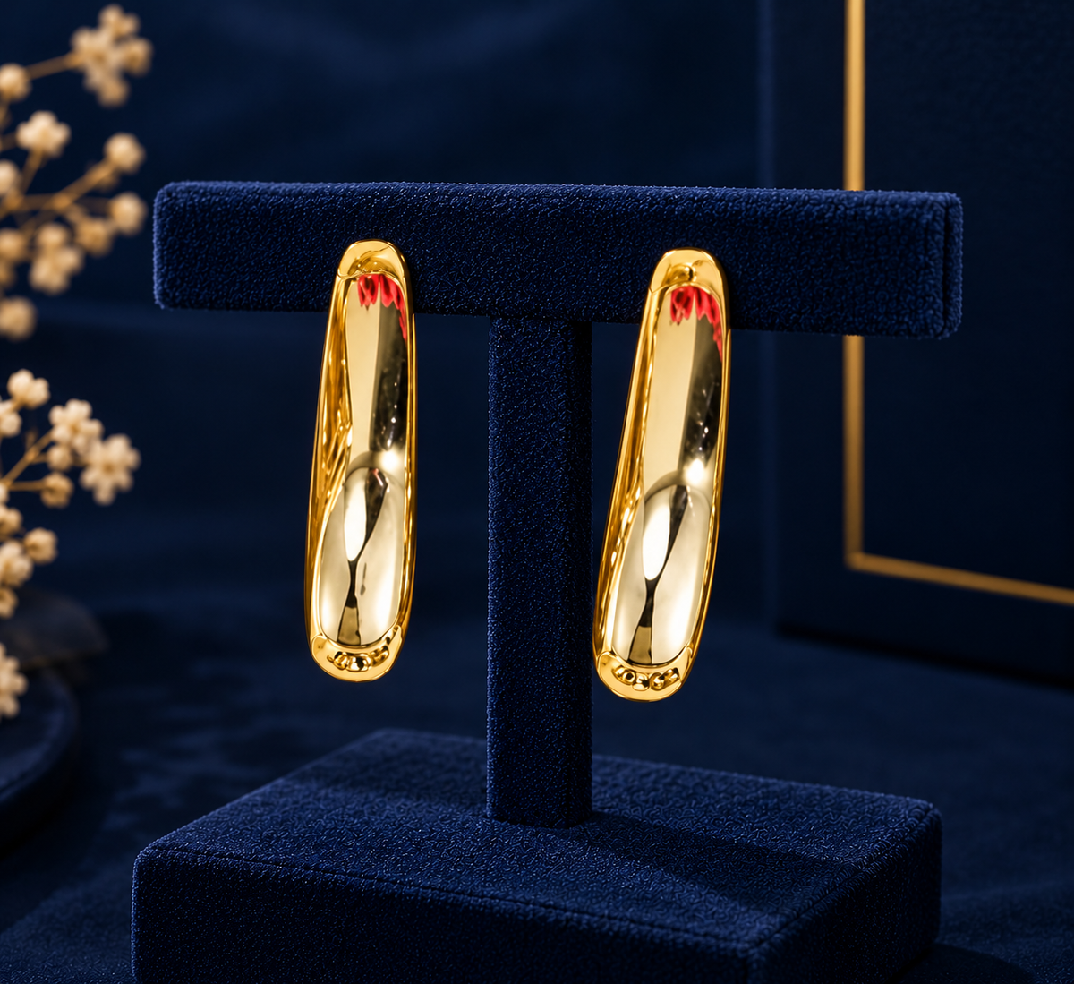 Gold-Tone Elongated Oval Hoop Earrings on navy velvet display