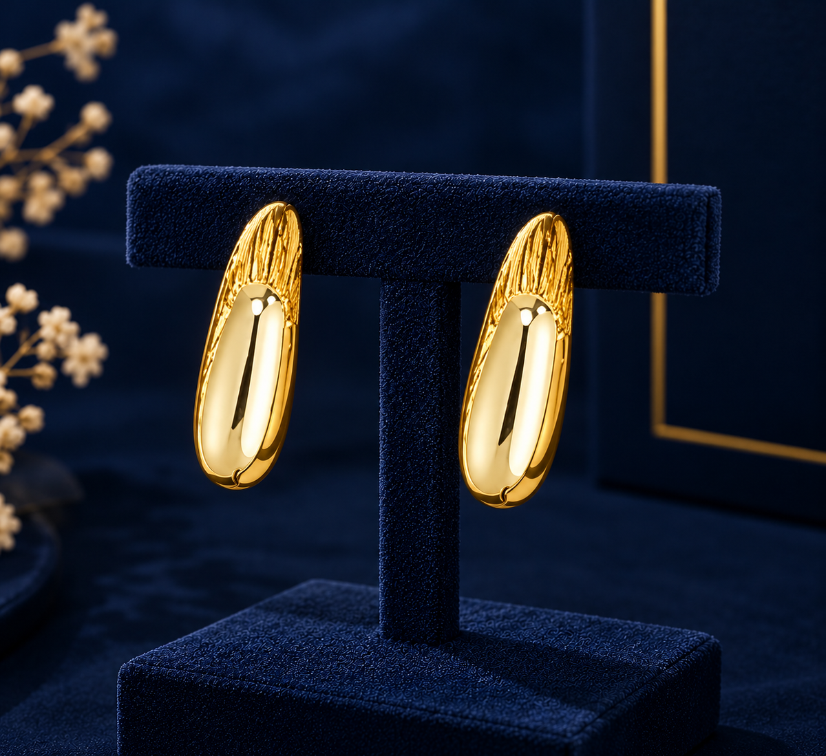 Gold-Tone Oval Tube Hoop Earrings on navy velvet display
